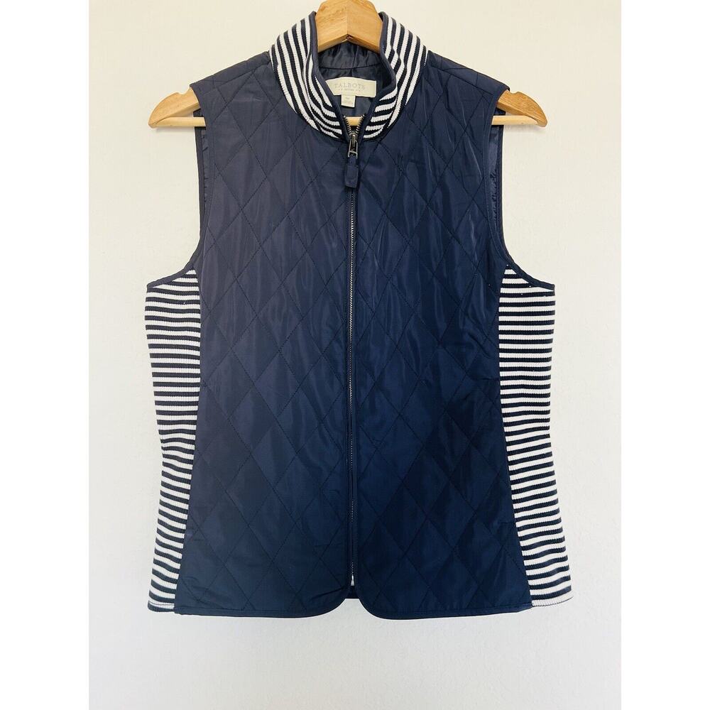 TALBOTS Diamond Quilted Vest Jacket Sz SP Full Zip Blue White Stripes Nautical